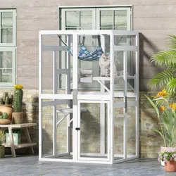 Cat tree house, White, 39″L Wooden Outdoor Cat Catio, NEW