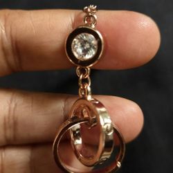 Rose Gold Tone Double Ring And Rhinestone Necklace 34"
