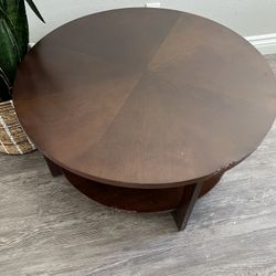 Round Coffee Table, 35" Rustic Modern Circle Coffee Tables with 2-Tier Storage Shelf, Wood Coffee Table for Living Room, Dark Walnut