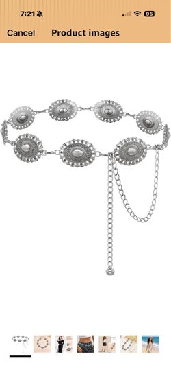 Western Concho Chain Belt for Women Boho Metal Belts For Country Concert Dresses Jeans Cowgirl Vintage Waist Belt Waist 36”