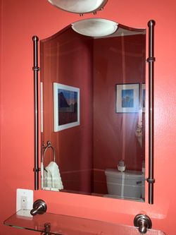Decorative bathroom mirror, brushed nickel