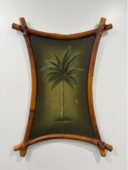 Vintage Adirondack Tiki Palm Tree Painting Framed In Bamboo