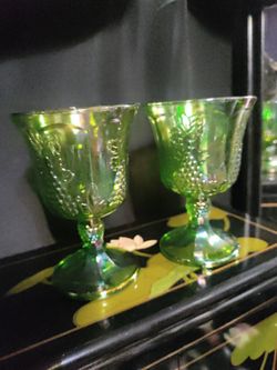 Vintage Set Of Teo Green Carnival Glass Goblets