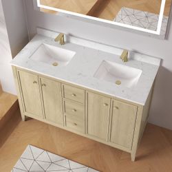 Aura 54'' Fully Assembled Double Bathroom Vanity With Engineered Marble Top and Backsplash