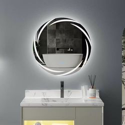 XMR-Y18-928 Round LED Bathroom Mirror: 60CM Wall Circle Lighted Mirror Backlit Anti-Fog Mirrors with 3 Colors Light Wall Mounted Vanity Mirror Whirlwi