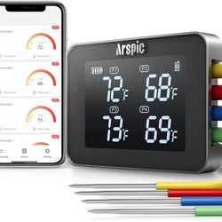 Bluetooth Meat Thermometer - Digital Wireless Thermometer with 330ft Remote Monitor, 4 Temperature Probes and Alarm Notification for Grilling BBQ Smok