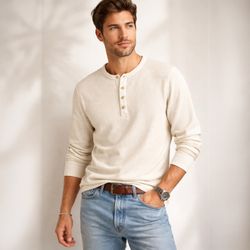 Goodfellow Cream Textured Henley Shirt Men’s L Long Sleeve 4 Button