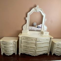White Cabinet Drawer With Mirror And  Nightstands