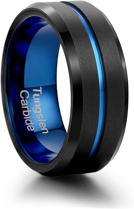 Holizaly 8mm Men’s Tungsten Carbide Wedding Ring – Blue Groove Design