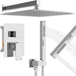 Polished Chrome Rainfall Shower System 12 Inch High Pressure Square Shower Head with 2 in 1 Handheld Spray Wall Mount Brass Bathroom Shower Faucet Set