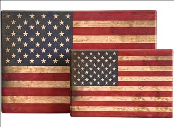 Set of 2 Vintage Wooden American Flags – Rustic Patriotic Wall & Table Decor