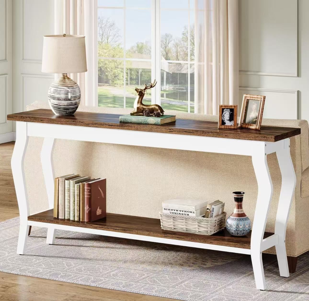 70.9 Inches Extra Long Sofa Table Behind Couch, Vintage Console Entry Table with 2-Tier Storage 