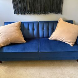 Barely Used Blue Velvet Convertible Couch