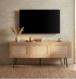 Mossic TV Media Cabinet with 3 Doors for TVs, Entertainment Center with Natural Rattan, Metal Legs,
