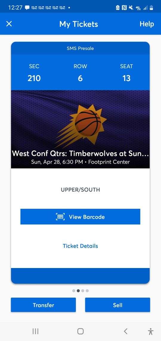 Suns Playoff Tickets Sec 210