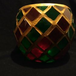 Large Red And Green Glass Mosaic Style Candle Holder Globe With Gold Accents! Lights Up With Color! 