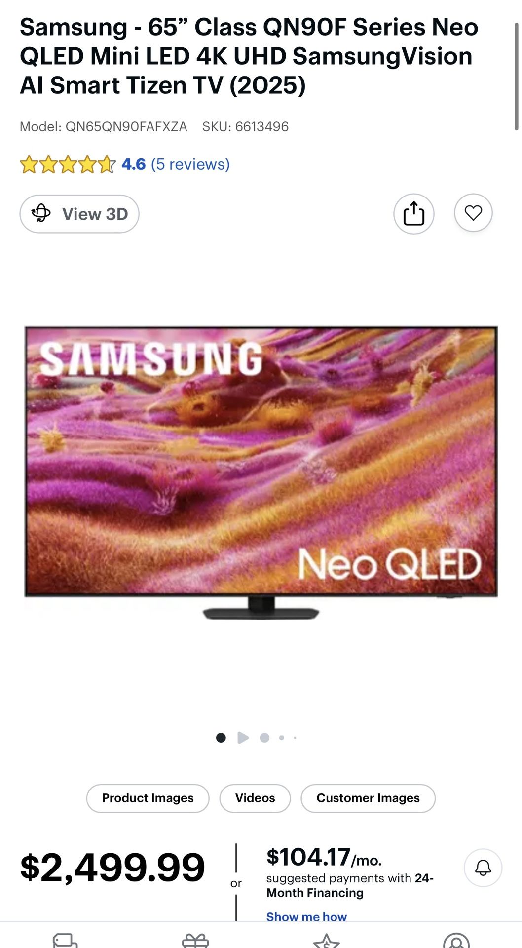 2025 Samsung 65" QN9OF Neo QLED Mini LED 4K UHD Samsung Vision Al Smart Tizen TV