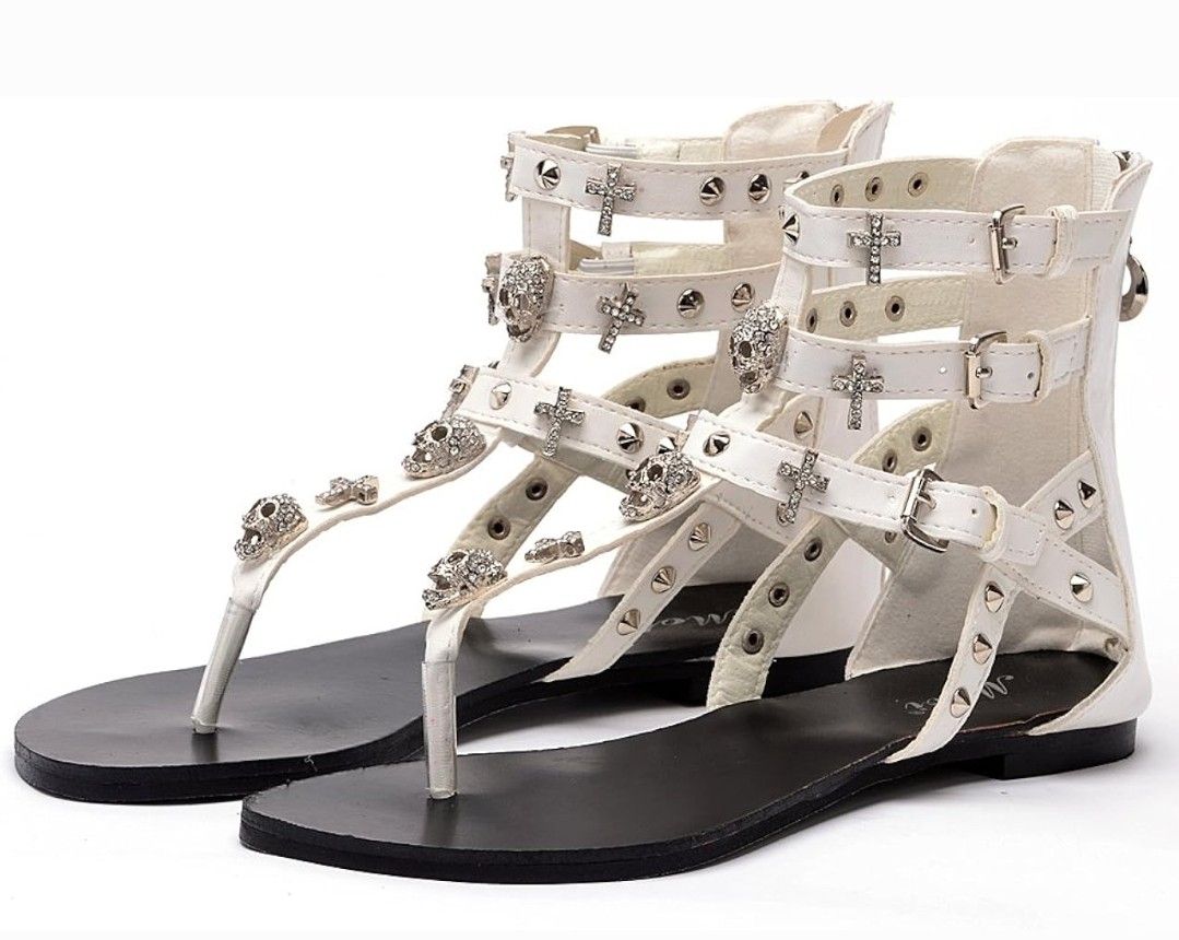 Womens Embellished Skull Gladiator Sandals, White,  Size: 5.5 (36) ~ EUC