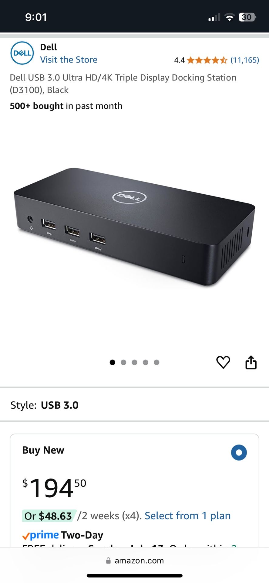 Dell USB 3.0 Ultra HD/4K Triple Display Docking Station (D3100), Black