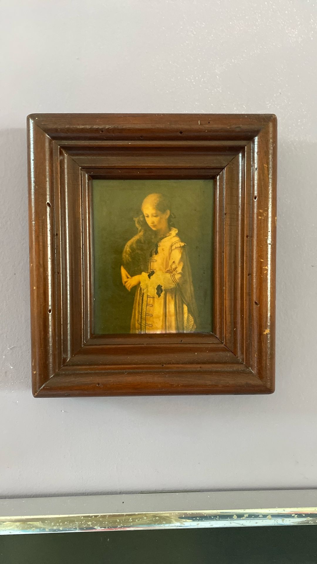 Old Framed Art Of Girl With Cat