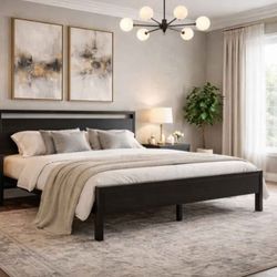 King bed Metal Platform Bed Frame with Wooden Headboard and Footboard, Mattress Foundation, No Box Spring Needed, Large Under Bed Storage, Non-Slip Wi