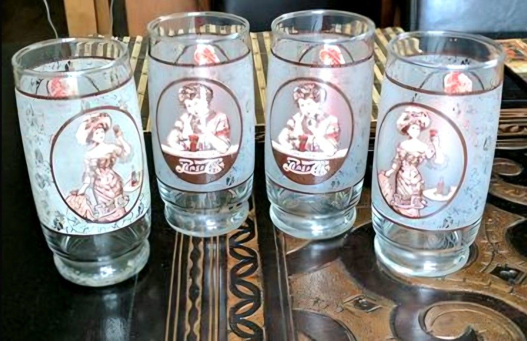 Pepsi-Cola 4 large Vintage Glasses, 6 in tall, Decoupage Transferwear Decor, Retro Style Home Kitchen Accessories, Parties, Etc