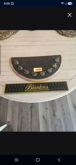Blantons Bar Whiskey Mat and collectible half barrel whiskey racetrack