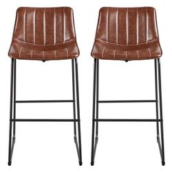 Yaheetech Set of 2 Bar Stool with Backrest Fashion Furnished Settle PU Leather Stool Metal Legs Armless Chairs(Brown)