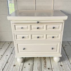 Light beige 3-drawer small dresser / bedside nightstand w/ pullout tray .  18 deep 28W 29H.  