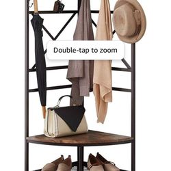 Corner Hall Tree with Shoe Bench, Entryway Coat Rack with 6 Double Hooks, Retro Brown