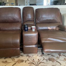 Beautiful Set Of 3 Pcs Genuine Leather 2 Armchairs With Electric Cord Plug  On For Lifting Legs One Piece  W Coffee Cup Holder Not Any Scratch Or Rips
