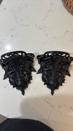 Black Cast Iron Cherub Wall Shelves  – Set of 2