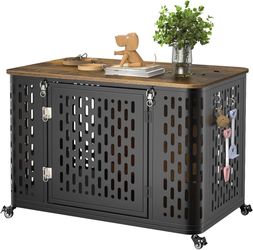 Dog Crate Furniture with Cushion, Wood Dog Kennel with Wheels & Flip Top, 38" Heavy Duty Dog Crate Furniture for High Anxiety Dogs, Escape Proof Dog C