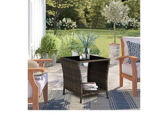Outdoor Wicker Side Table, Rattan End Table, Glass Top,Patio Garden Rattan Side Tables, for Patio Garden Balcony
