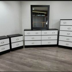 DRESSER WITH MIRROR, CHEST AND TWO NIGHSTANDS 