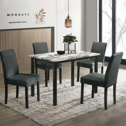 5-Piece Faux Marble Dining Set with Upholstered Chairs  