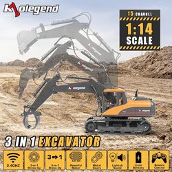 AA389-3 in 1 Remote Control Excavator Toy 1/14 Scale RC Excavator, 15 Channel Upgrade Full Functional Construction Vehicles with Tools Metal Breaker a