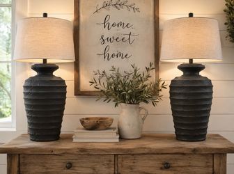 Vintage Alsy Sculptural Textured Black Ceramic Table Lamps — Matching Pair