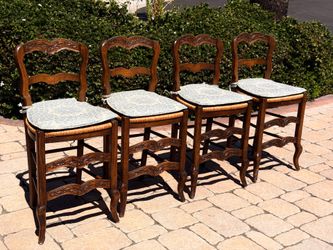 Set of 4 French Country Carved Wood Bar Counter Stools with Rush Seats