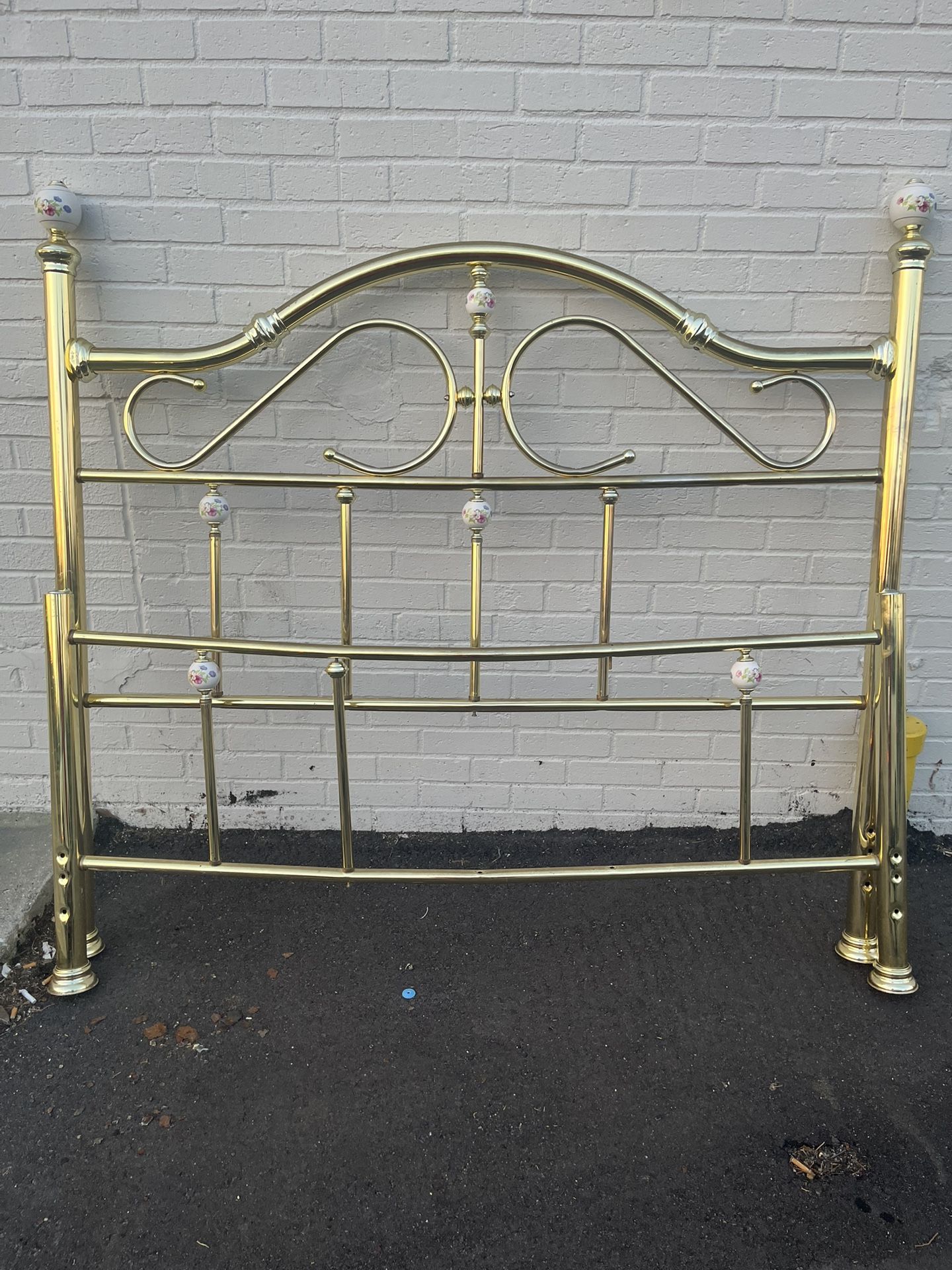 Vintage Brass Headboard And Footboard with Porcelain Floral Balls