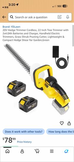 20V Cordless 22-Inch Hedge Trimmer with 2x 4.0Ah Batteries (Yellow)