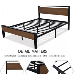Queen Metal Platform Bed with Walnut Finish Wood Panel Headboard Footboard