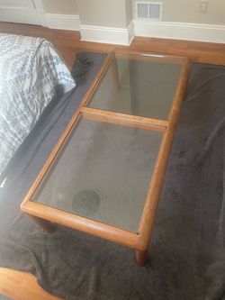Midcentury modern glass and wood coffee table