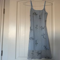 Powder Blue, Soft Sky Blue Floral Chiffon Midi Dress – Subtle Sparkle – Romantic A-Line – Worn Few Times (S)