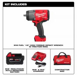 Milwaukee M18 FUEL 18V Lithium-Ion Brushless Cordless 1/2 in.  High Torque Impact Wrench  w/Friction Ring Kit w/One 5.0 Ah Battery and Bag