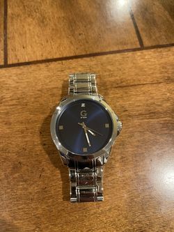 G By Guess Men’s Silver-Tone and Blue Crystal Watch