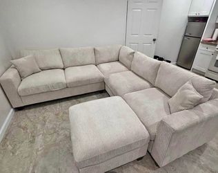 IVORY Plush Corduroy 99x99 sectional sofa with ottoman sectional sofa $550 (msrp $1,199)