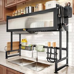 Over The Sink Dish Drainer Drying Rack - Large Metal Dish Rack Over Kitchen Counter, Black