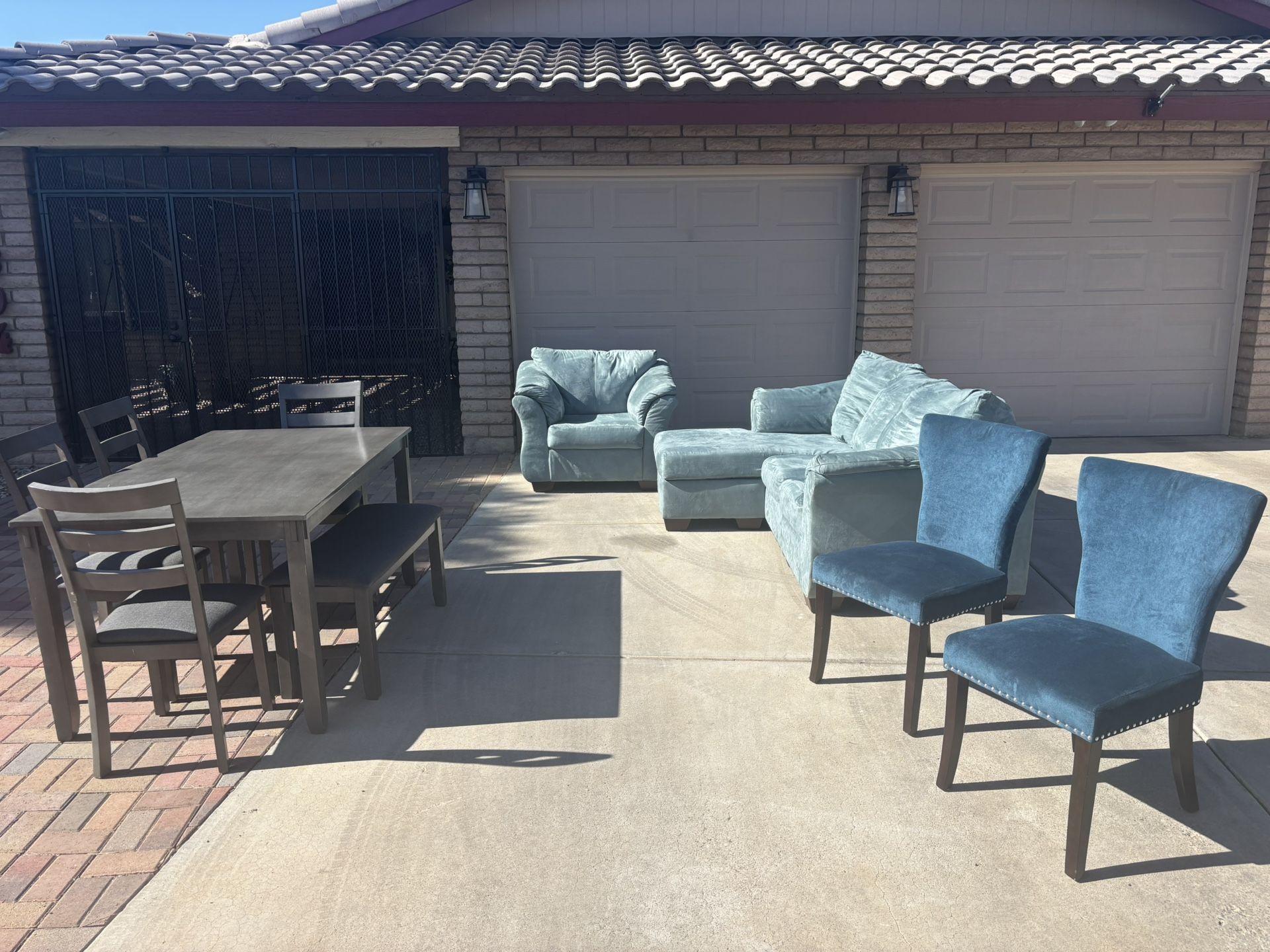 Today Only! Sofa, Chair, Table and Extra Chairs, Cabinet