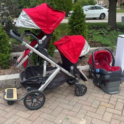 Uppababy Baby Vista Double Stroller With Bassinet And Mesa Car Seat and Piggyback
